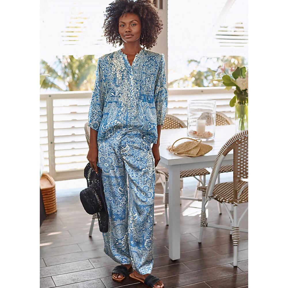 Johnny Was Lauchlen Wide Leg Silk Pants Denim Printed Satin Resort Blue XL NWT - Picture 4 of 12